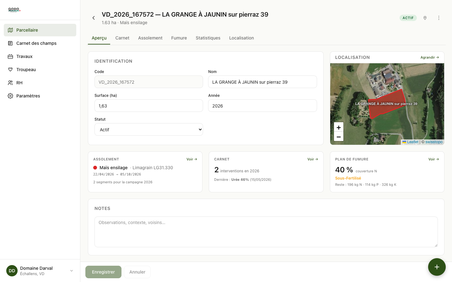 Fiche détaillée d'une parcelle avec résumé et mini-carte
